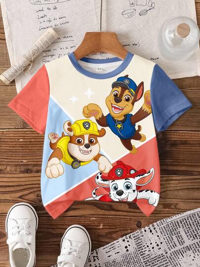 SHEIN | PAW Patrol 男童卡通图案撞色圆领短袖T恤