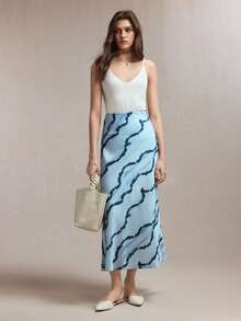 BizChic Blue Wavy Print Fishtail Hem Skirt With Invisible Zipper, Women's Versatile Summer Skirt For Easter, St. Patrick's Day, Commute, Daily, Beach, Graduation, Party, Holiday, Wedding Guest, Bridesmaid, Hostess - Baby Blue - View 2