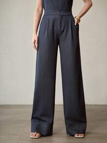 MOTF PREMIUM 女士纯色褶裥阔腿工作裤（无腰带） - 藍色 - 查看 5