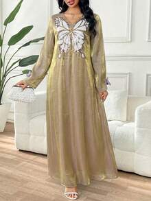 Women's V-Neck Sequin Butterfly Pattern Casual Party Outgoing Arabic Style Dress - Dusty Pink - View 5
