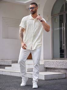 EASEVO Plus Size Men's Knit Casual Vacation Front Button Short Sleeve Shirt - Apricot - View 5