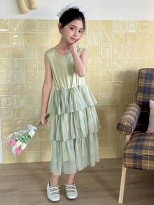 DAZY 少女圆领无袖网纱拼接连衣裙，秋季款 - 綠色 - 查看 3
