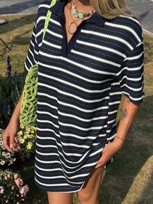 DAZY Women's Collared Textured Fabric Striped Casual Mini Dress - Navy Blue - View 4