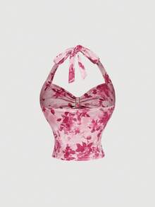 SHEIN MOD 女士浪漫粉色碎花吊带上衣和半身裙两件套，适合夏季、度假、海滩、浪漫、花园、下午茶、复古、乡村风格、茶会、节日、沙滩套装、夏季度假装、女士碎花半身裙、婚礼宾客礼服。 - 粉色 - 查看 5