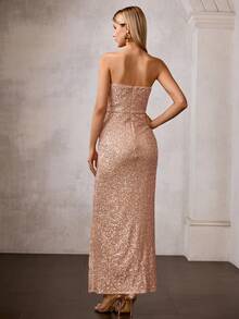 MOTF Soiréza 女士礼服网纱亮片串珠抹胸连衣裙 - 香檳色 - 查看 4