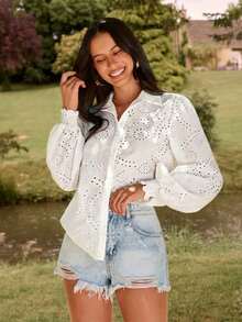KARISMINA Women's Casual Solid Color Loose Woven Shirt White Eyelet Top Summer Blouses For Women Summer Shirts Woman - White - View 1