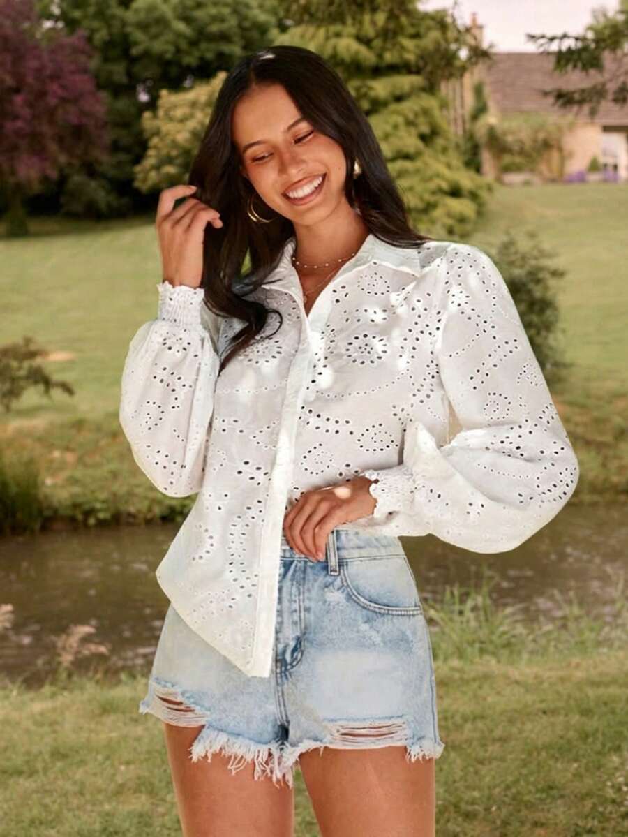 KARISMINA Women's Casual Solid Color Loose Woven Shirt White Eyelet Top Summer Blouses For Women Summer Shirts Woman - White - View 1