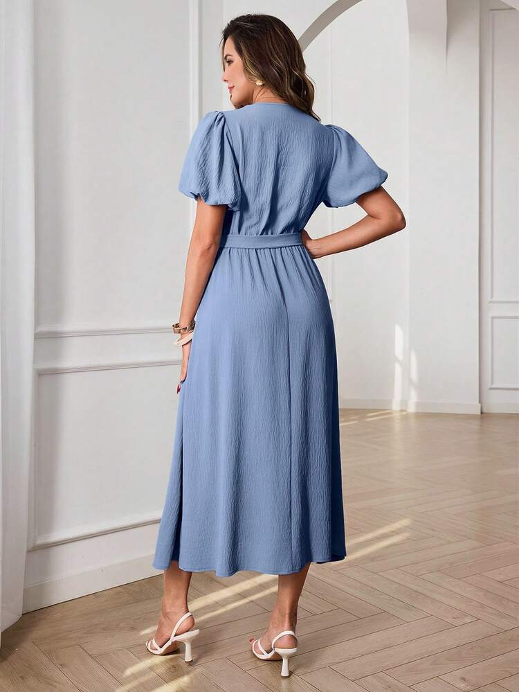 Elegant Light Blue Midi Dress For Women – V-Neck Puff Sleeve Belted Wrap Dress, Perfect For Summer & Spring, Ideal For Wedding Guest, Party, Vacation, Beach, Going Out, Casual Daily Wear, And Festival Occasions,Graduation Outfit For Mother,Summer Outfits For Women