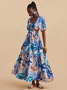 Travachic Women's Blue Tropical Print Sweetheart Neck Ruched Boho A Line Maxi Dress With Puff Short Sleeves - Blue - View 4