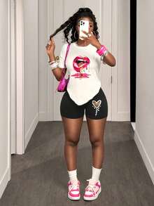 BamGleam Áo thun cổ tròn tay ngắn in hình môi thường ngày cho nữ - trắng - Xem 5