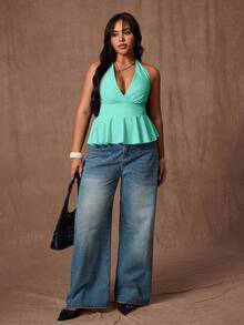 Rustia Áo tank top cổ yếm màu trơn dành cho nữ cỡ lớn, thích hợp mặc thường ngày và đi làm. - Màu xanh Bạc hà - Xem 6