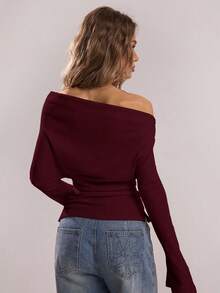 SHEIN BAE 女士纯色简约斜肩长袖上衣，日常穿着 - 酒紅色 - 查看 2