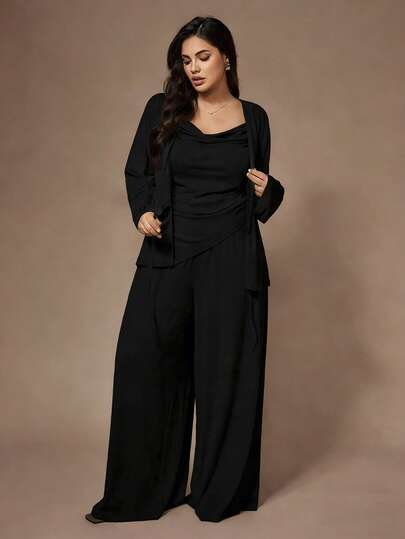 Lazeform 3pcs Plus Size Soft Camisole, Loose Pants & Cardigan Sleepwear Set