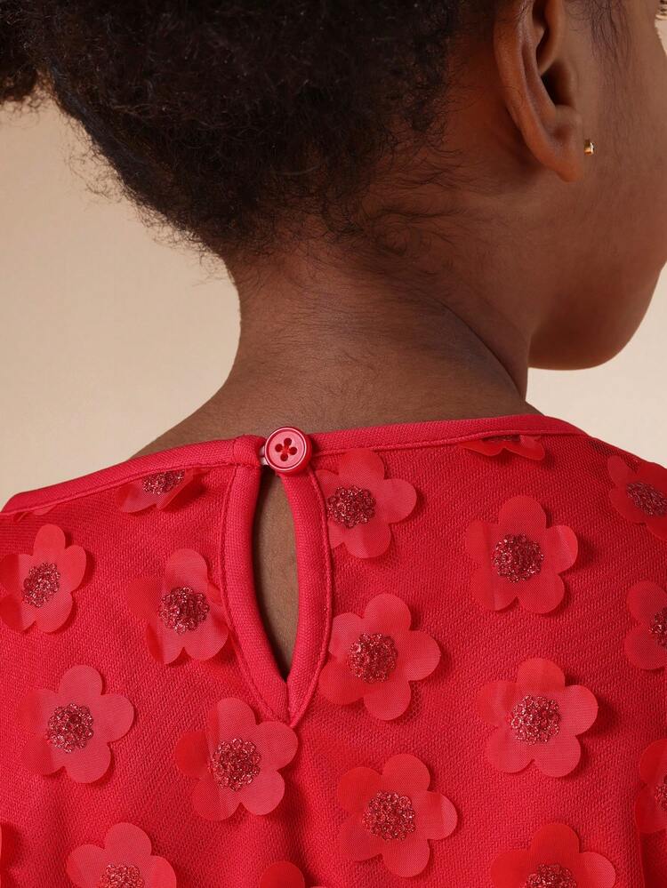 Red 3D Floral Applique Puff Sleeve Dress
