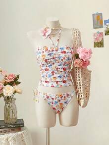 SHEIN MOD Bộ đồ bơi hai mảnh hở lưng họa tiết hoa xinh xắn dành cho nữ, thiết kế thời trang, đồ bơi dễ thương, thường ngày và kín đáo, thích hợp đi biển, bơi lội, nghỉ dưỡng, mùa hè - Nhiều màu - Xem 3