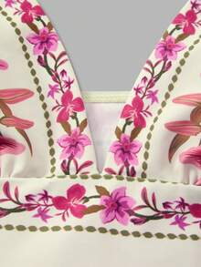 SHEIN Swim Oasis 女士优雅休闲波西米亚风中式蓝白热带棕榈树花卉印花连体泳衣及沙滩罩衫套装，适合海滩度假 - 彩色 - 查看 9