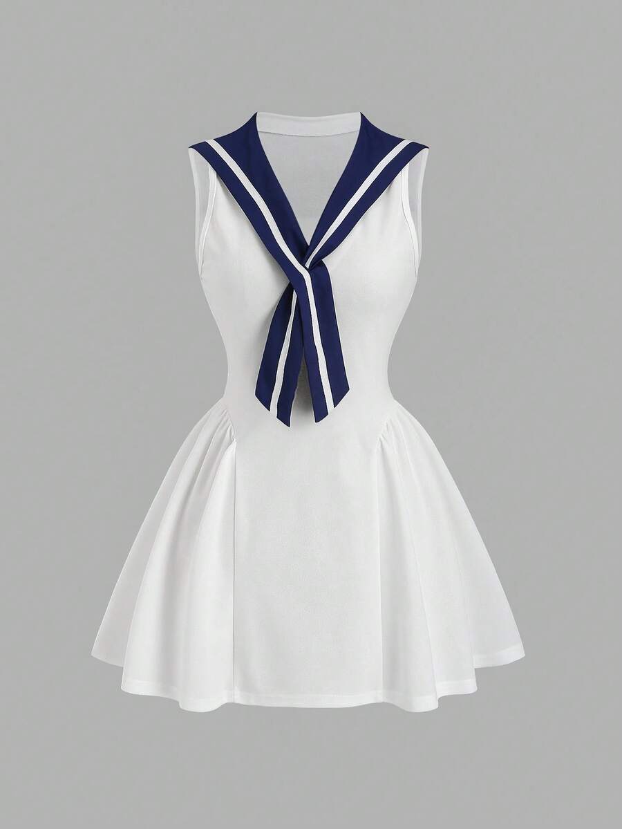 Sweetra 女士复古水手领修身优雅休闲连衣裙，舒适百搭，适合度假、春夏穿着 - 白色 - 查看 1