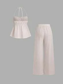 Sweetra 女士休闲条纹简约两件套，适合春夏外出穿着，粉色 - 卡其色 - 查看 2