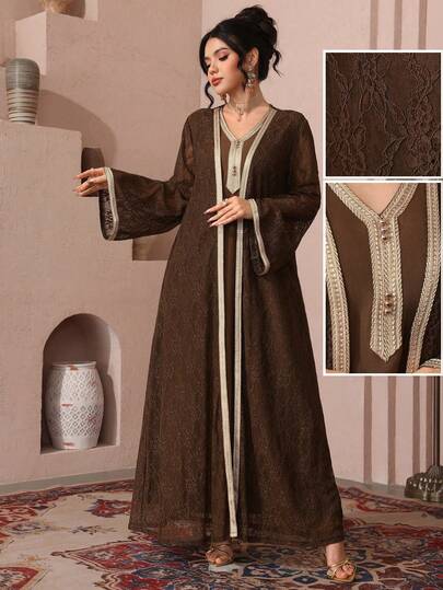 Al Najma Elegant Lace Trim Cardigan & Sleeveless Dress, Turkish & Arabic Traditional Long Robe For Women