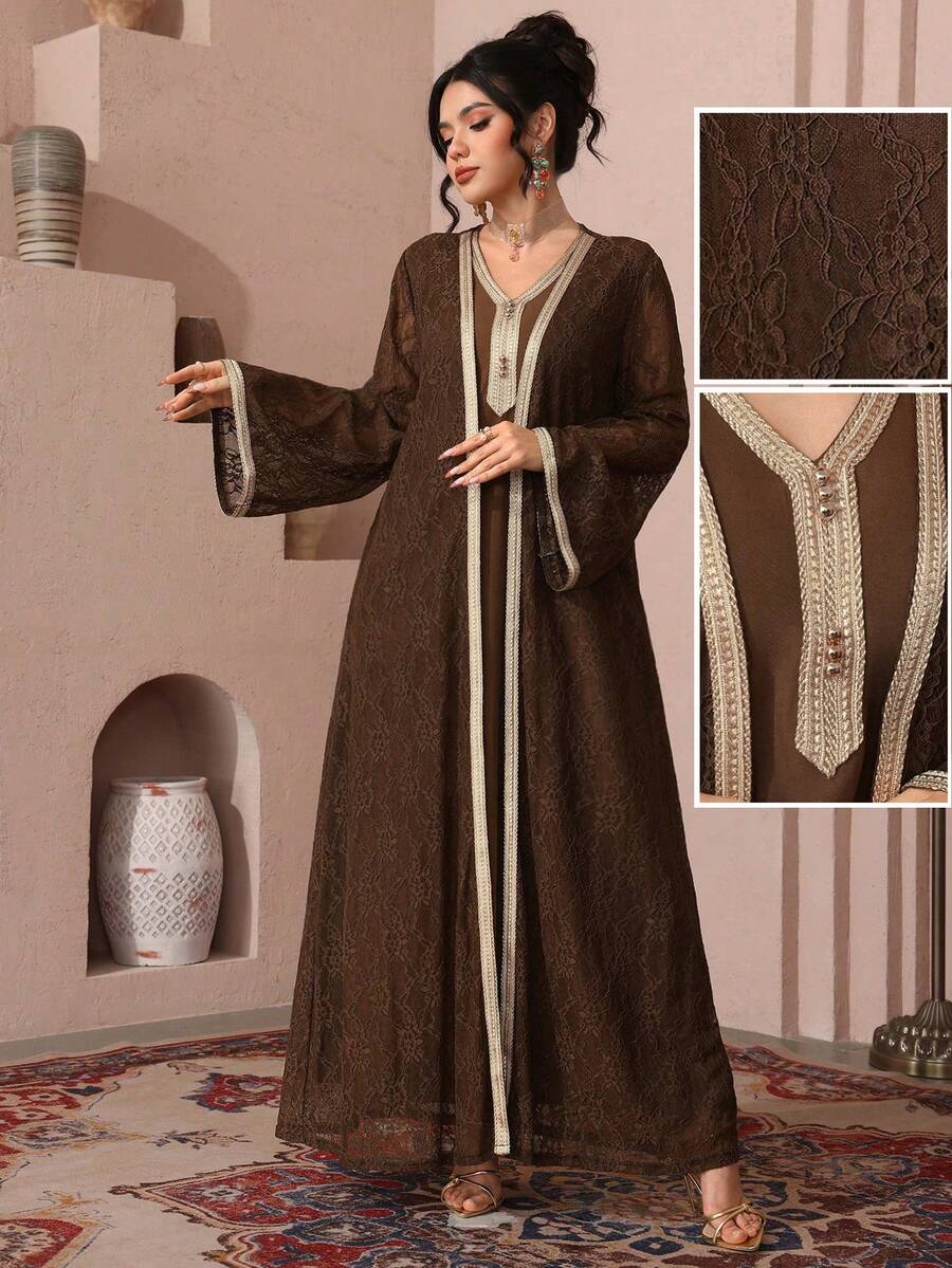 Al Najma Elegant Lace Trim Cardigan & Sleeveless Dress, Turkish & Arabic Traditional Long Robe For Women - Coffee Brown - View 1