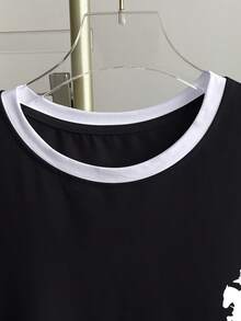 Franclia Kaos Wanita Lengan Pendek Motif Ksatria Blok Warna Kasual Serbaguna Kerah Bulat - Hitam - View 3