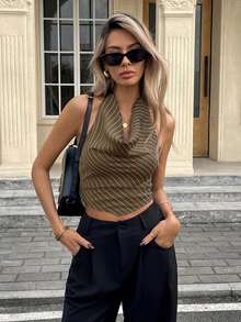 Siren Gaze 女士垂领条纹吊带背心，露背上衣，适合办公室/通勤穿着 - 咖啡棕 - 查看 4