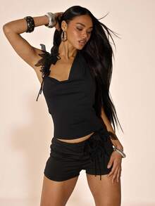 SHEIN BAE Damen Schwarze Shorts mit Strass, 3D Blumen Dekor, Taillenbund, Ultra kurz, Glänzend, Geeignet für Frühling/Sommer Musikfestivals, Partys, Urlaub, Karneval, Geburtstags-Outfits - Schwarz - Übersicht 9