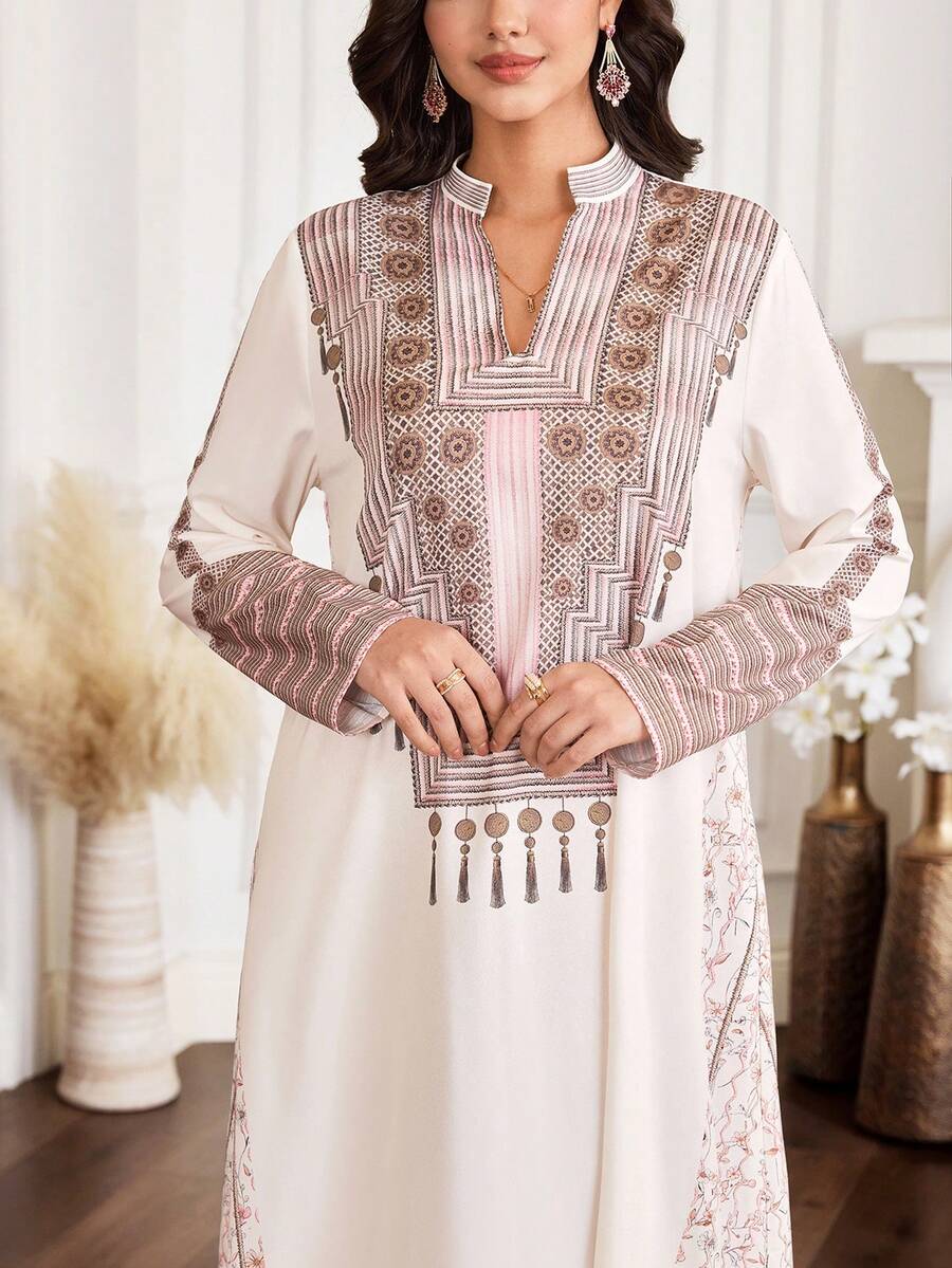 Al Najma New Notched Neck Elegant Embroidery Loose Casual Dress - Multicolor - View 1