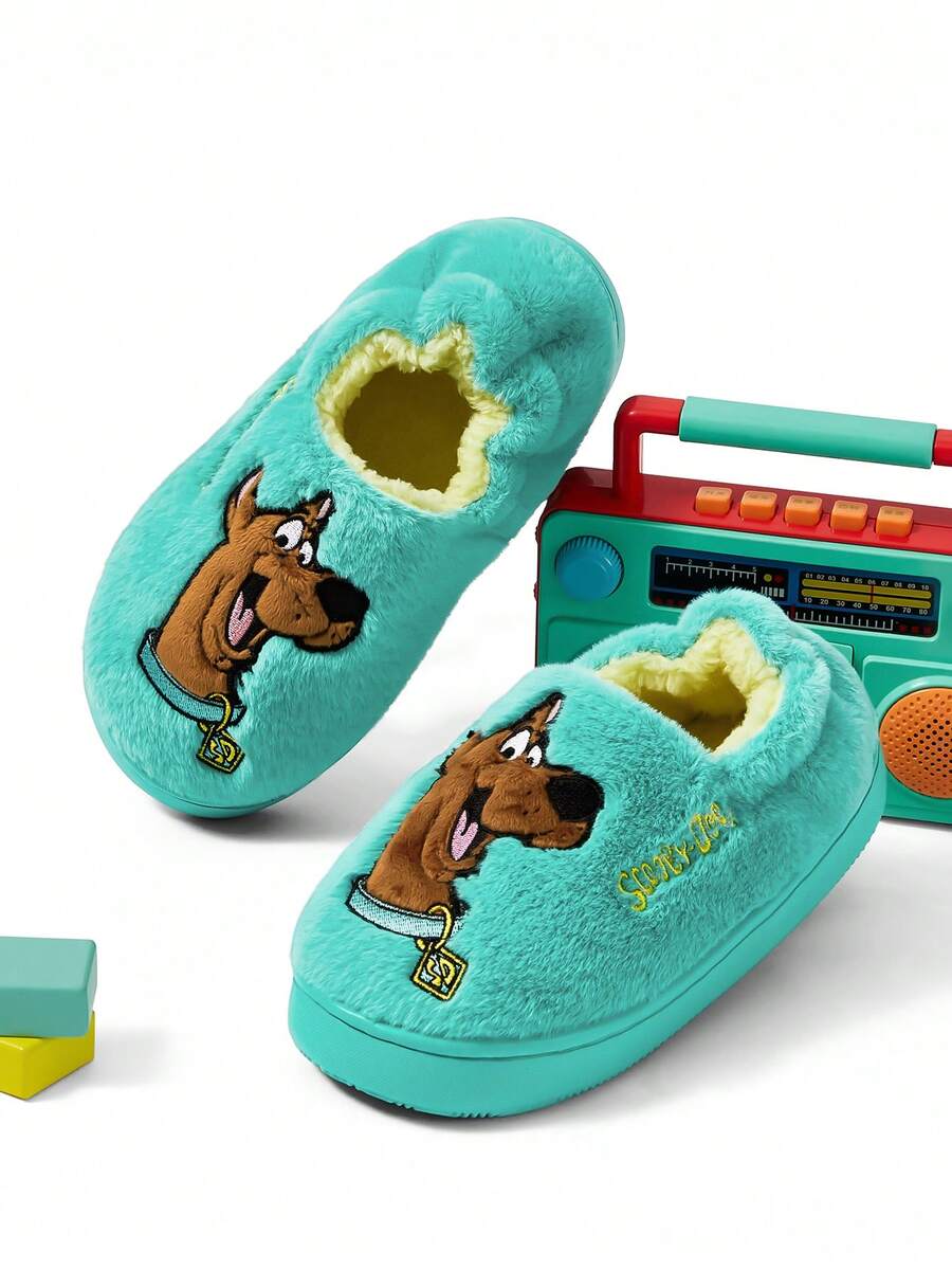 SCOOBY-DOO X SHEIN Cute Embroidery Cartoon Boys Green Children's Non-Slip Indoor Slippers Toddlers & Kids Soft Plush Warm Winter House Shoes, Lightweight And Durable EVA Sole,Home Bedroom Air-Conditioned Room Spring, Autumn And Winter,Dog.Puppy,Gift Ideas - Green - View 1