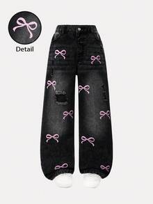 SHEIN ChillGRL Thời trang thiếu nữ tuổi teen mùa Thu Đông 2025: Quần jeans ống rộng rách thêu hình trái tim. - màu đen - Xem 3