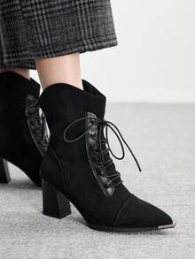 CUCCOO BIZCHIC Women's Fashion Versatile Lace-Up Chunky High Heel Ankle Boots Valentine's Day - Black - View 4