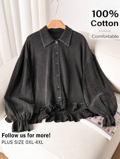 CosyJoli Plus Size Women Button Down Shirt, Long Lantern Sleeve Blouse, Washed Snowflake Shirt, Casual Y2K Streetwear Top, Preppy Casual Streetwear Girl Top