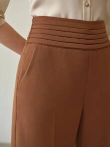 MOTF PREMIUM 优雅高腰压褶裤，春夏款 - 駝色 - 查看 2