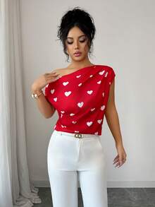 Rafferiza Women's Chic Red Heart Print Off-The-Shoulder Short-Sleeved Blouse,Summer Red And White Gathered Top For Party,Vacation,Valentine's Day & Casual Wear - Red - View 5