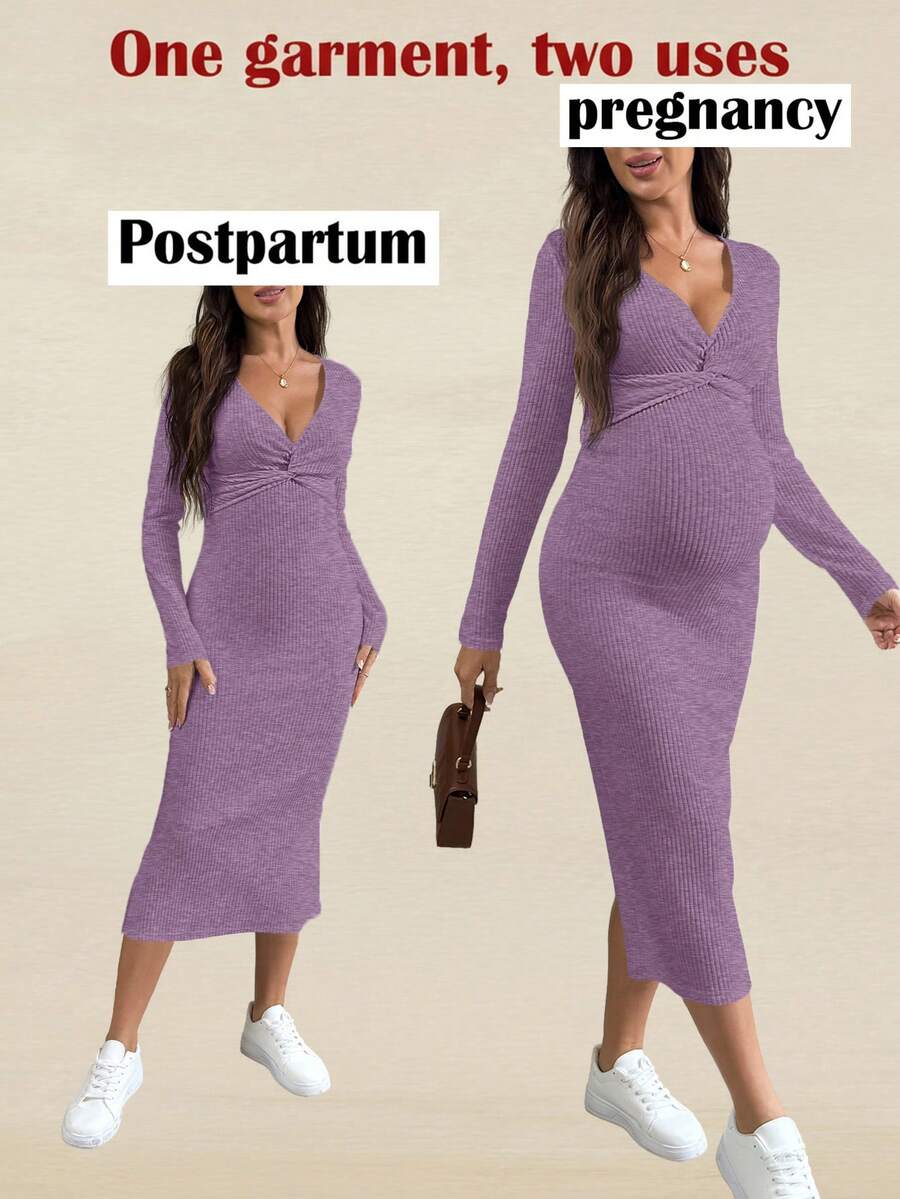 SHEIN Solid Color V-Neck Twist Knot Long Sleeve Bodycon Split Maternity Dress - Purple - View 1