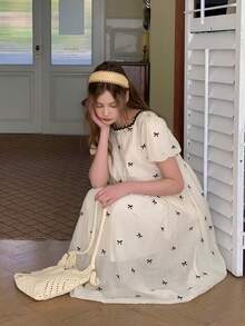 DAZY Teen Girls' Casual Vacation Style Full Butterfly Embroidery Puff Sleeve Waist Cinched Mini Dress, Summer - Apricot - View 1