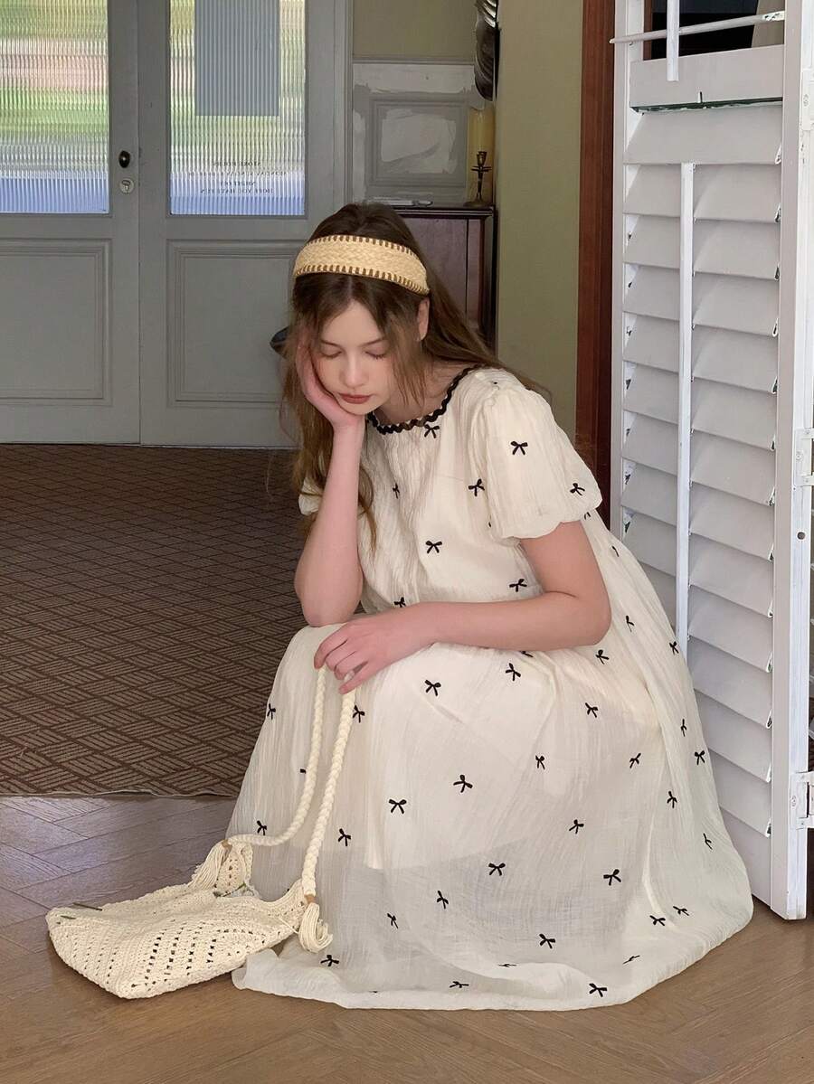 DAZY Teen Girls' Casual Vacation Style Full Butterfly Embroidery Puff Sleeve Waist Cinched Mini Dress, Summer - Apricot - View 1