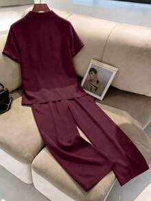 Franclia 女士优雅两件套：短袖衬衫，松紧腰抽绳裤 - 紅色 - 查看 2