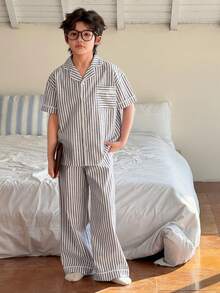 DAZY 男童舒适条纹前开襟短袖衬衫和裤子睡衣套装，夏季 - 灰色 - 查看 2