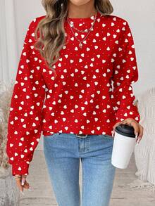 SHEIN LUNE Casual Minimalist Heart Print Round Neck Loose Fit Long Sleeve Sweatshirt Sweatshirt For Women, Red,Valentine's Day - Multicolor - View 5