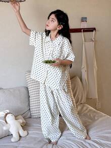 Dazy Kids Tween Girl Polka Dot Collar Single-Breasted Mid-Sleeve Top And Wide-Leg Pants Casual Loungewear Pajama Set - Multicolor - View 4
