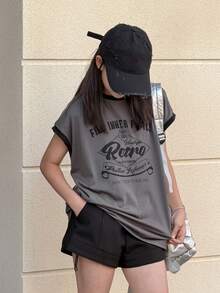 Dazy Kids Tween Girls' Casual Letter Graphic Contrast Trim Round Neck T-Shirt, Summer - Dark Grey - View 1