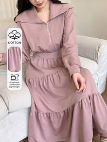 DAZY Plain Collared Half Zip-Up Mid-Length Dress For Women,Ruffle Shirt Dress,Fall Clothes Long Sleeve Dress - Pink - View 1