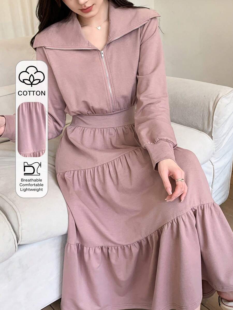 DAZY Plain Collared Half Zip-Up Mid-Length Dress For Women,Ruffle Shirt Dress,Fall Clothes Long Sleeve Dress - Pink - View 1