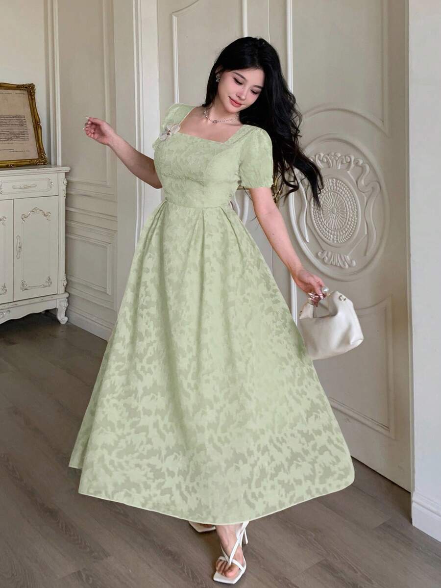 Modelyn Đầm xòe hở eo với họa tiết hoa 3D dành cho nữ - Màu xanh nhạt - Xem 1