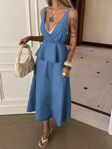 DAZY Women's Casual Denim Jumper Dress With Ruffle Strap - Medium Wash - View 5