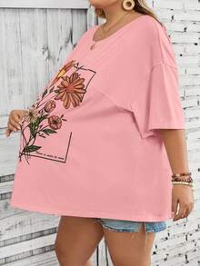 SHEIN CURVE+ 大码女式度假圆领短袖宽松T恤，杏色度假图案波西米亚风度假T恤 - 粉色 - 查看 8