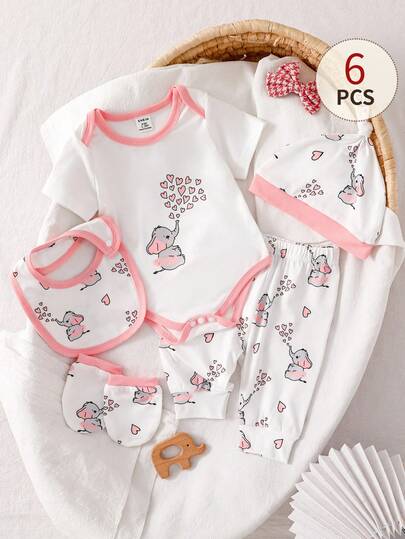 SHEIN 5pcs/Set Newborn Baby Boys & Girls Envelope Collar With Elephant Print Bodysuit+ Elastic Waist Full Print Pants + Hat & Gloves & Bib, Casual Comfortable Soft Outfit, Suitable For Summer Everyday Wear Or Home
