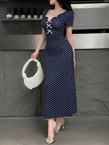 Feyla 女士波点蝴蝶结装饰优雅收腰中长派对连衣裙 - 藏蓝色 - 查看 6