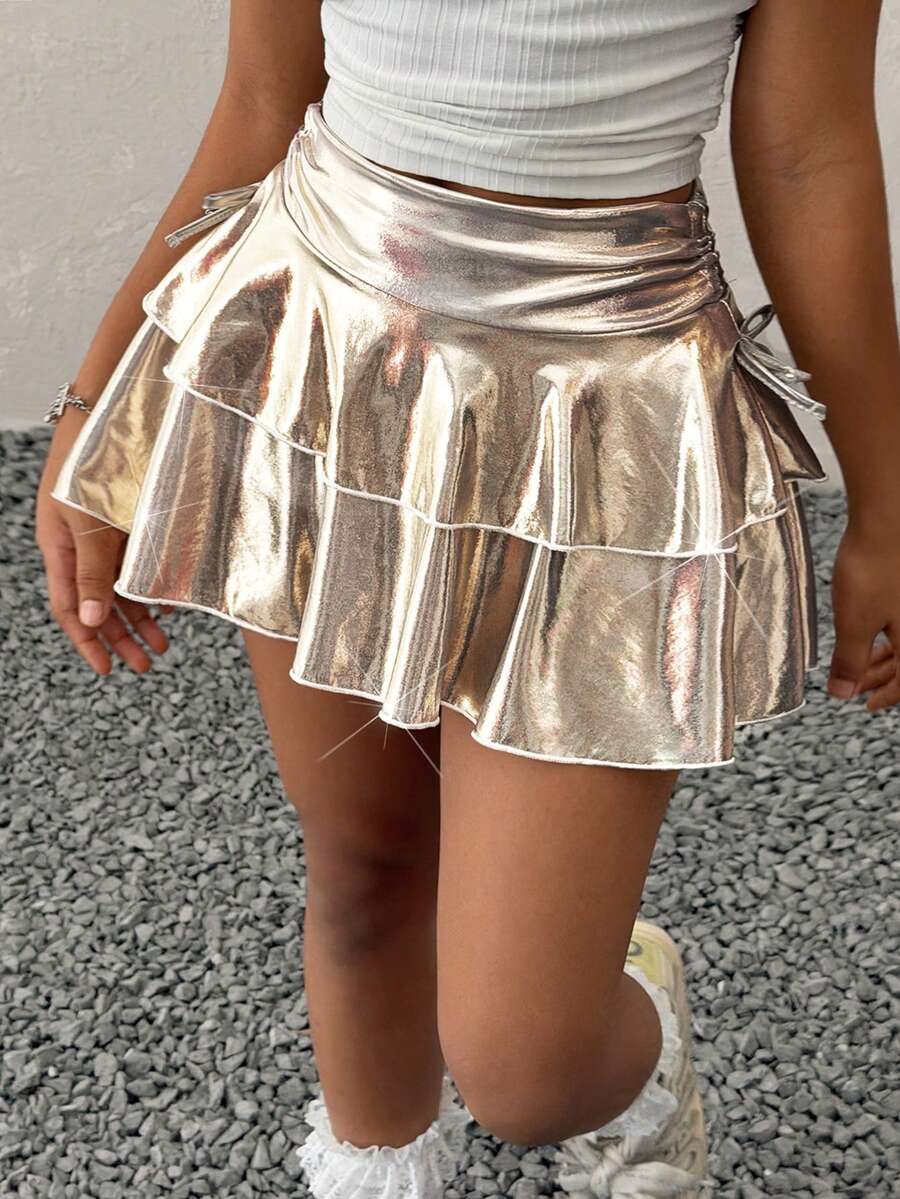 Coolane Kids 少女粉紫色亮面抽绳腰褶裥及膝半身裙，休闲街头风 - 白色 - 查看 1